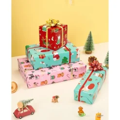 Wernnsai Geschenkpapier 3 Rollen für Kinder, Weihnachten Hunde-Motive, Rot