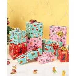 Wernnsai Geschenkpapier 3 Rollen für Kinder, Weihnachten Hunde-Motive, Rot