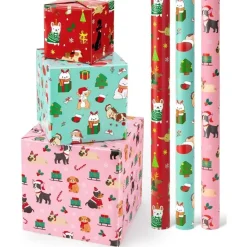 Wernnsai Geschenkpapier 3 Rollen für Kinder, Weihnachten Hunde-Motive, Rot