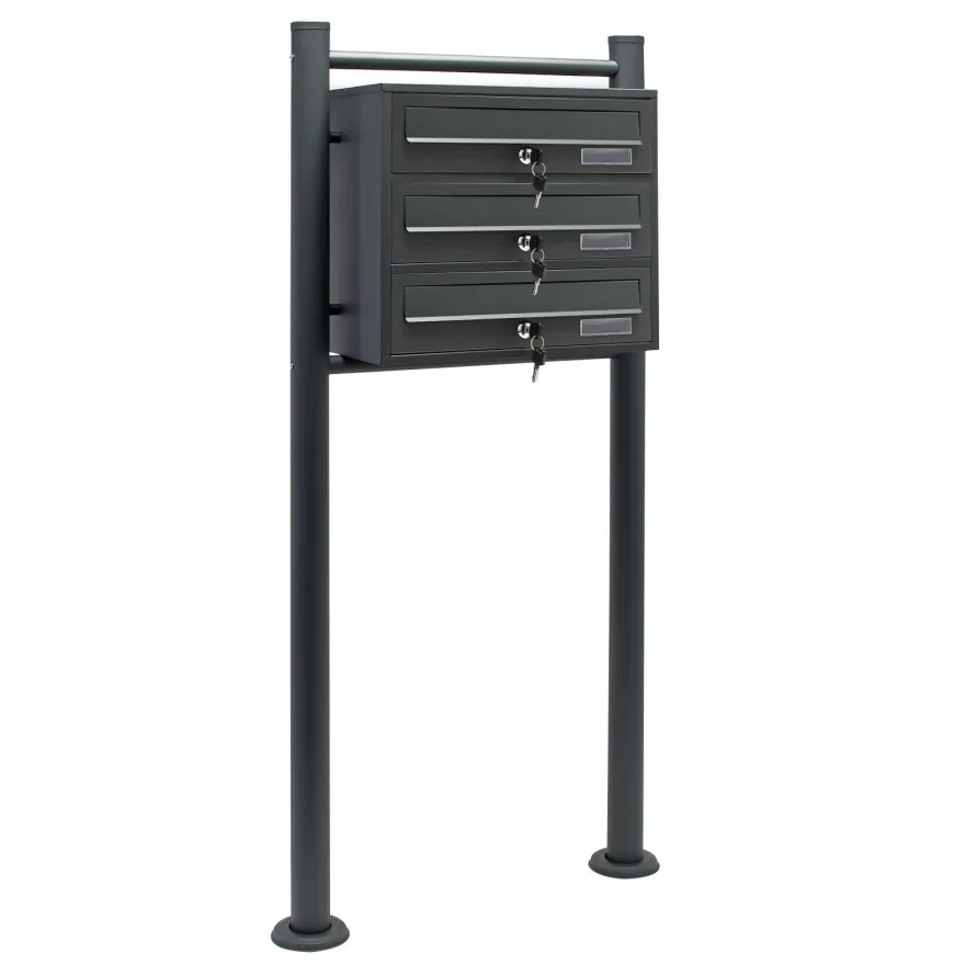 Wiltec 3er Briefkastenanlage Anthrazit 556x270x1200mm Standbriefkasten Post