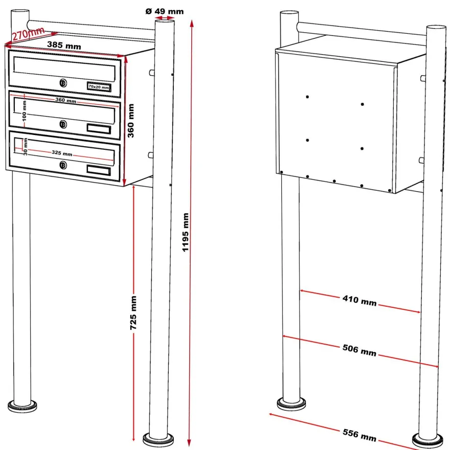 Wiltec 3er Briefkastenanlage Anthrazit 556x270x1200mm Standbriefkasten Post