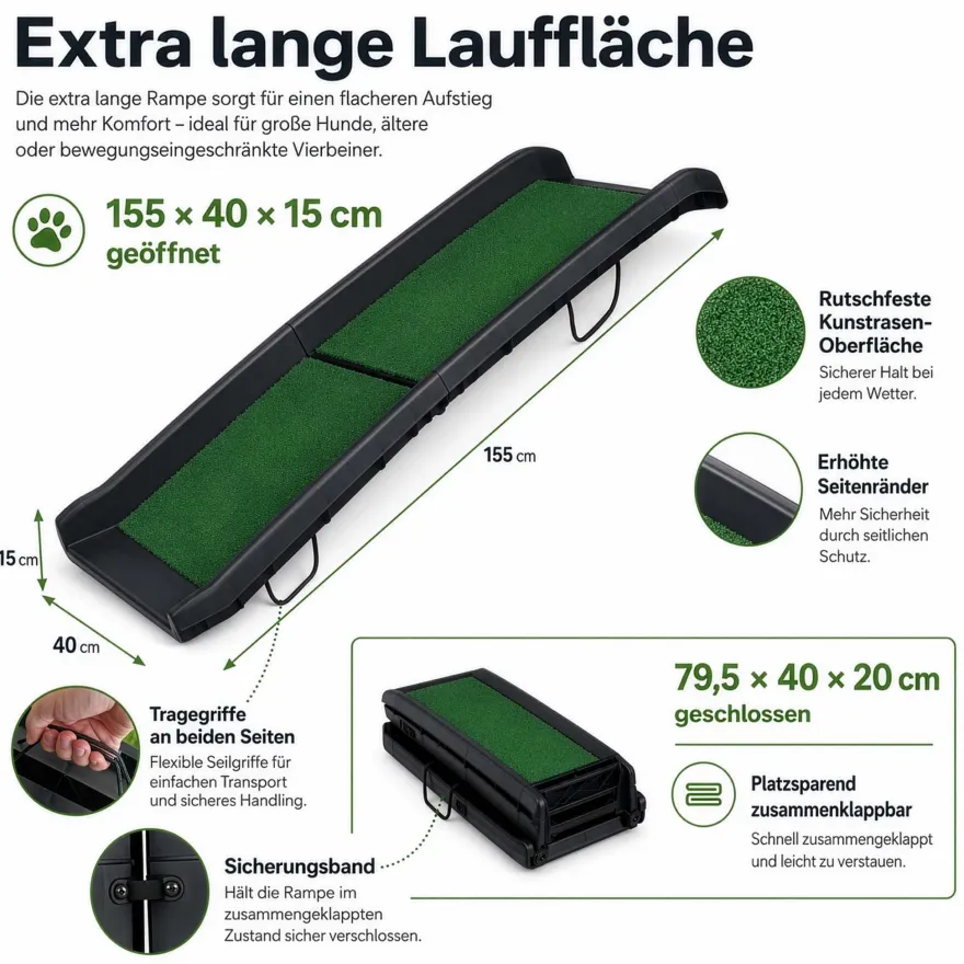 Wiltec Hunderampe 155x40cm 75kg faltbar Kunstrasen Einstiegshilfe Autorampe Hund