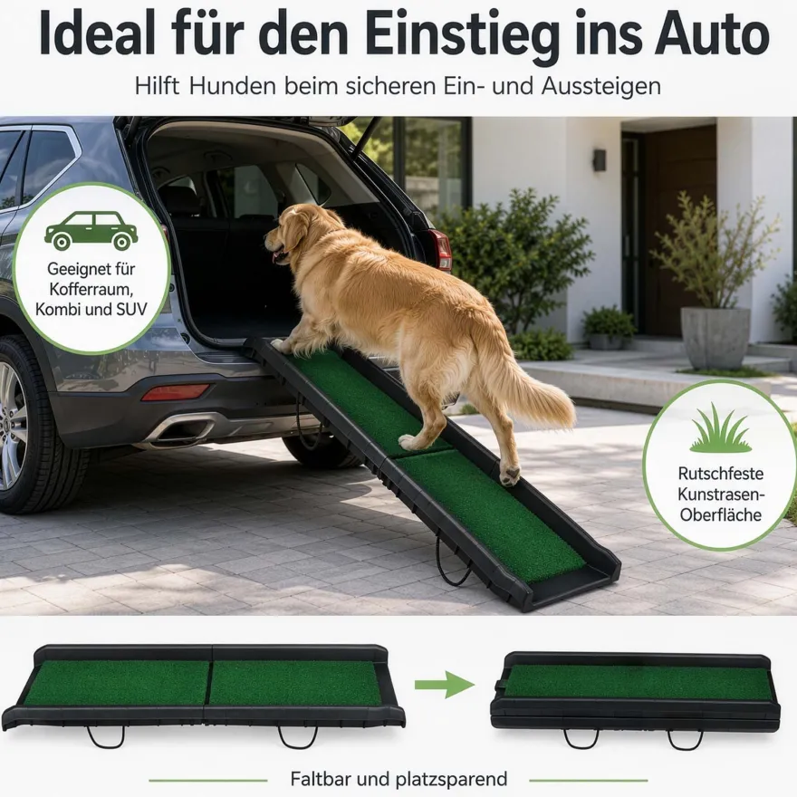 Wiltec Hunderampe 155x40cm 75kg faltbar Kunstrasen Einstiegshilfe Autorampe Hund