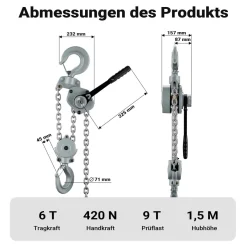 Wiltec Mini Hebelzug bis 6t Handkettenzug 1,5m Hubhöhe Kettenzug Hebezeug