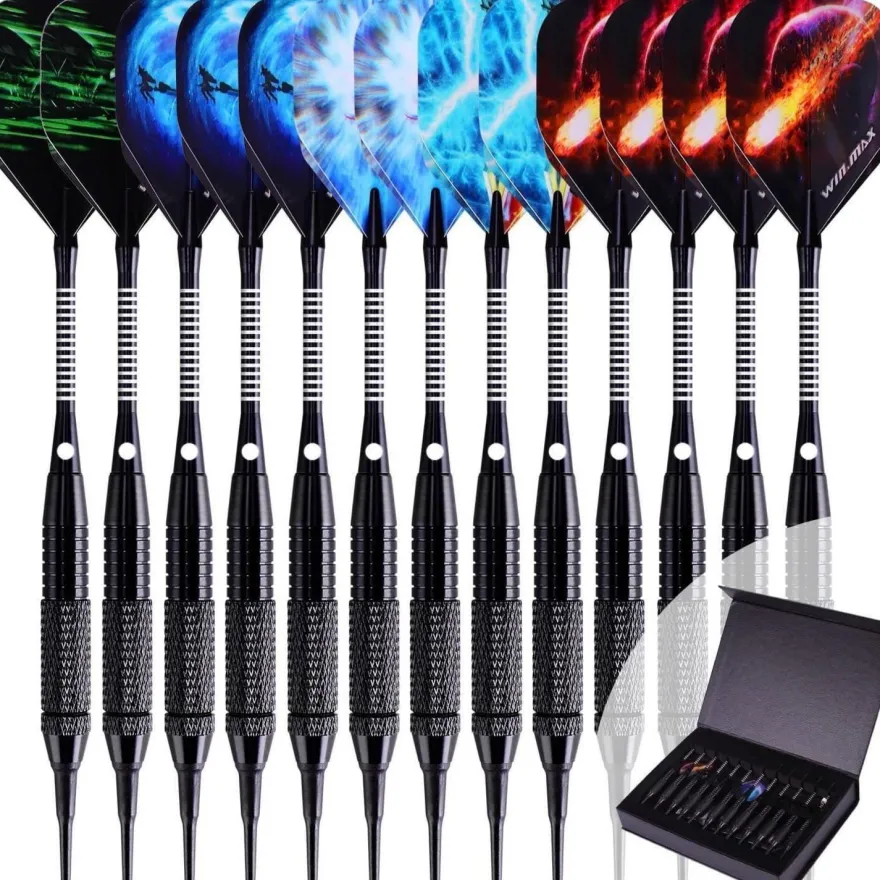 WIN. MAX Dartpfeile Set 12 Stück Soft Darts 18g Profi Schwar mit Etui