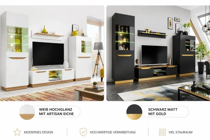 Wohnwand Modern FAME Wohnzimmer Wand TV Schrank Vitrine Regal Glass Schwarz Weiss LED