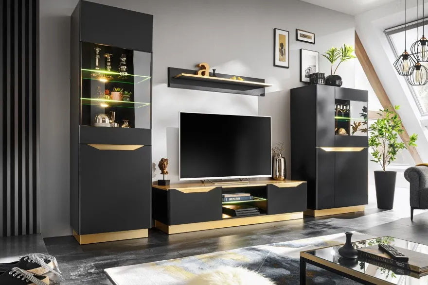 Wohnwand Modern FAME Wohnzimmer Wand TV Schrank Vitrine Regal Glass Schwarz Weiss LED