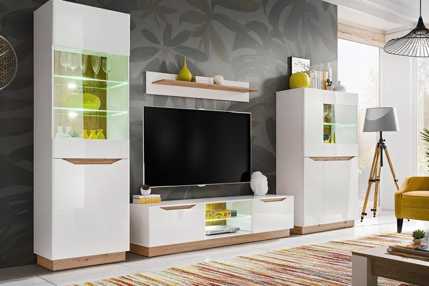 Wohnwand Modern FAME Wohnzimmer Wand TV Schrank Vitrine Regal Glass Schwarz Weiss LED
