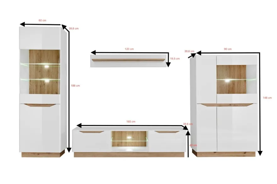 Wohnwand Modern FAME Wohnzimmer Wand TV Schrank Vitrine Regal Glass Schwarz Weiss LED