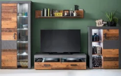 Wohnwand Schrankwand Old Used Wood und grau Wohnzimmer Vintage Indy mit Beleuchtung