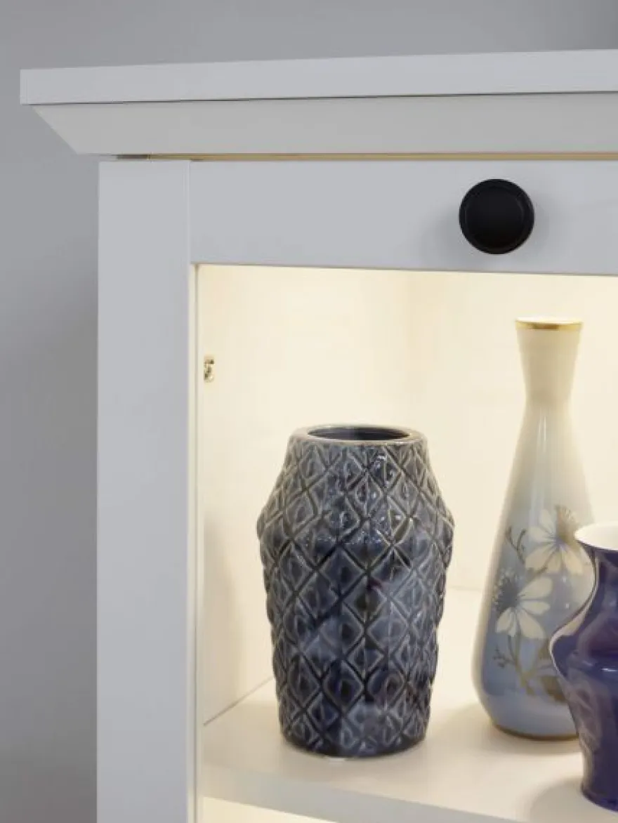 Wohnwand weiß Landhaus Wohnzimmer Schrankwand 370 cm Vitrine Beleuchtung Baxter