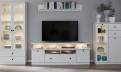 Wohnwand weiß Landhaus Wohnzimmer Schrankwand 370 cm Vitrine Beleuchtung Baxter