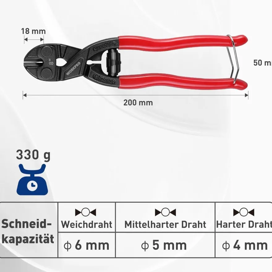 Workpro Bolzenschneider Mini Cr-V Stahl 210mm mit gehärteten Backen und Feder