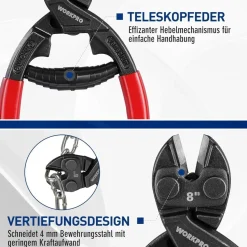 Workpro Bolzenschneider Mini Cr-V Stahl 210mm mit gehärteten Backen und Feder