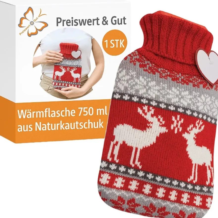 Wärmflasche 750 ml Naturkautschuk mit Bezug - Zickzack Design, weich & kuschelig