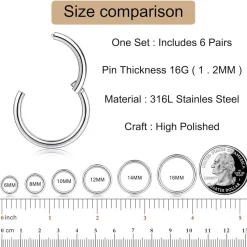 12x Cassieca 16G Edelstahl Piercing Nasen Ohr Lippe Hoop Septum - 6-16MM