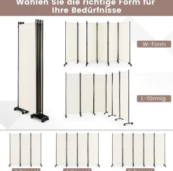 334,5 x 172 cm Raumteiler auf Rollen, Paravent 6-teilig, Trennwand faltbar, aus Stoff