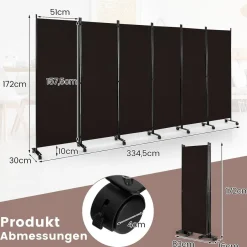 334,5 x 172 cm Raumteiler auf Rollen, Paravent 6-teilig, Trennwand faltbar, aus Stoff