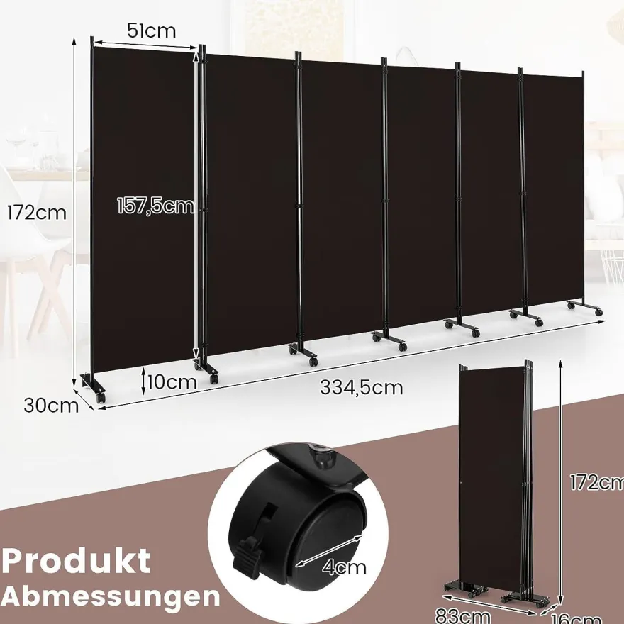 334,5 x 172 cm Raumteiler auf Rollen, Paravent 6-teilig, Trennwand faltbar, aus Stoff
