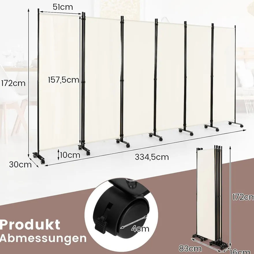 334,5 x 172 cm Raumteiler auf Rollen, Paravent 6-teilig, Trennwand faltbar, aus Stoff