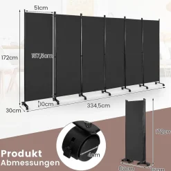 334,5 x 172 cm Raumteiler auf Rollen, Paravent 6-teilig, Trennwand faltbar, aus Stoff