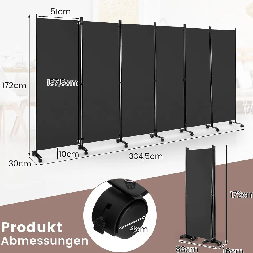 334,5 x 172 cm Raumteiler auf Rollen, Paravent 6-teilig, Trennwand faltbar, aus Stoff