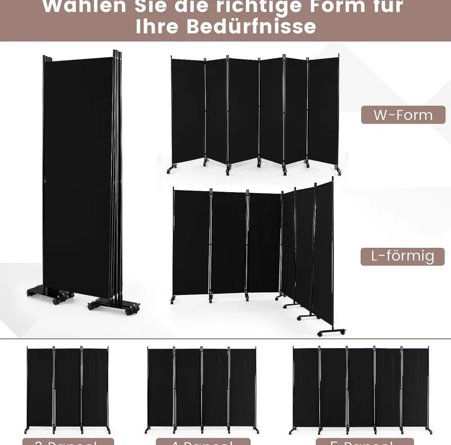 334,5 x 172 cm Raumteiler auf Rollen, Paravent 6-teilig, Trennwand faltbar, aus Stoff