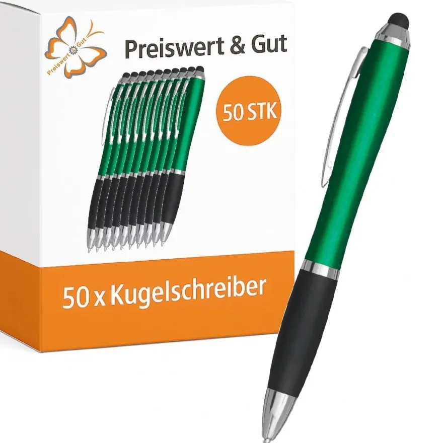 50x Kugelschreiber Grün - Kuli mit Drehmechanismus & Touchspitze, blauschreibend