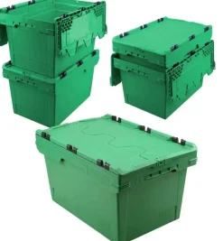 5x Mehrwegbehälter mit Deckel, grün, verplompbar, LxBxH 600x400x350 mm, 58 Liter