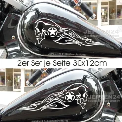 2x Motorrad Aufkleber Scull Totenkopf Flame Set 2 Stern - 30cm Farbwahl