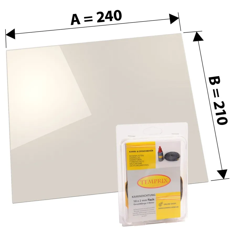 240 x 210 x 4 mm Kaminglas ohne/mit Dichtungsset Ofenscheibe plan für Ofen Kamin