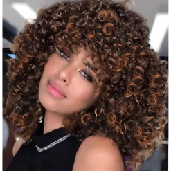 Yeeshedo Afro Perücke Dunkelbraun mit Braunen Highlights, Kinky Curly Synthetik