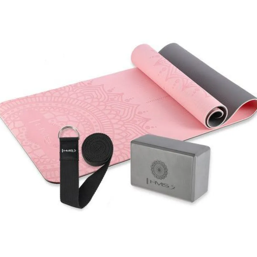 Yoga Set Matte Block Gurt - Yogamatte Rutschfest Pilates Fitness HMS Pink Grau