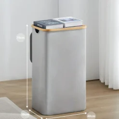 Youdenova Wäschekorb mit Deckel 85L Bambus Grau faltbarer Wäschesammler