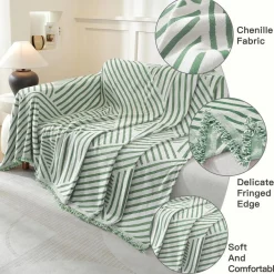 Ystellaa Sofa Überwurf 180x340cm Chenille Hellgrün-Line für 3-Sitzer Sofas