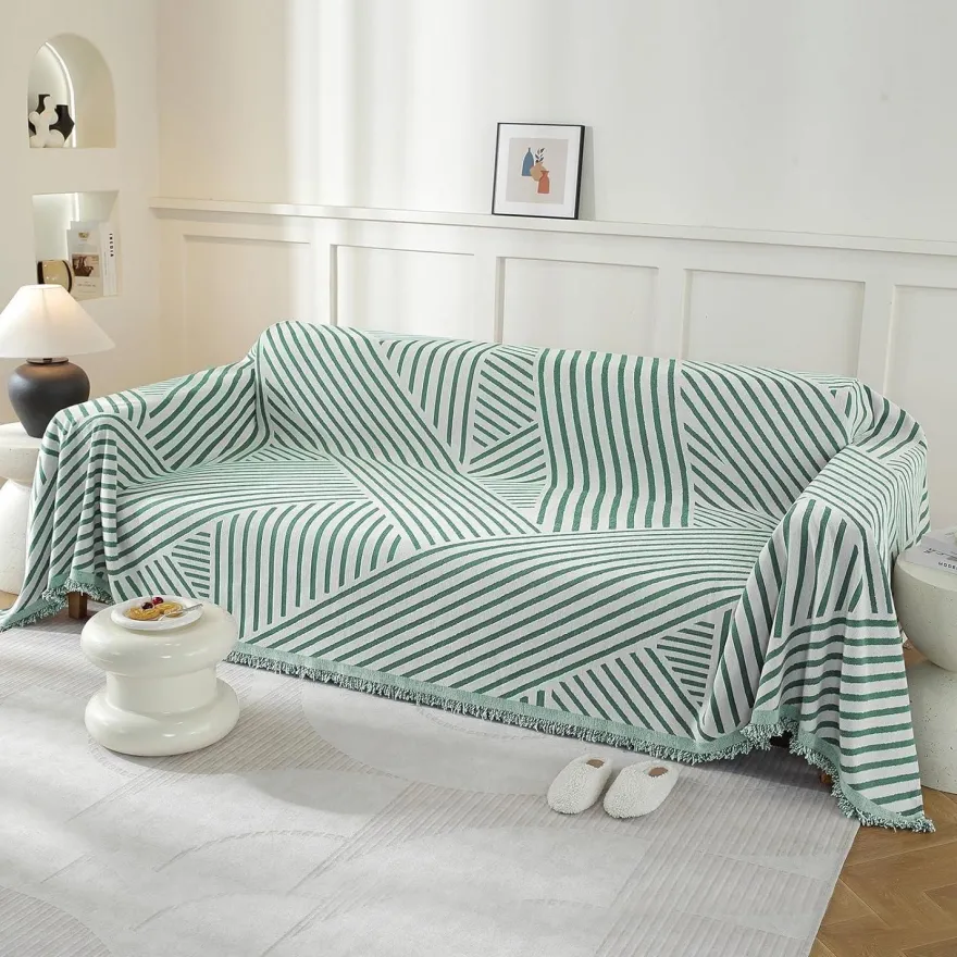 Ystellaa Sofa Überwurf 180x340cm Chenille Hellgrün-Line für 3-Sitzer Sofas