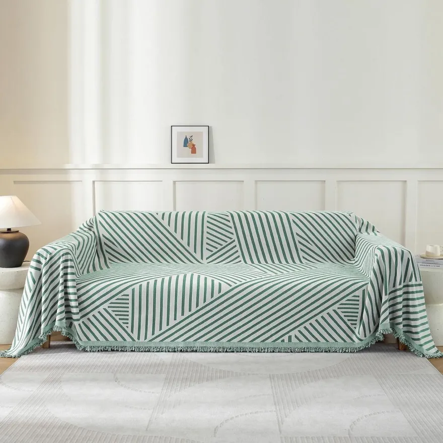 Ystellaa Sofa Überwurf 180x340cm Chenille Hellgrün-Line für 3-Sitzer Sofas