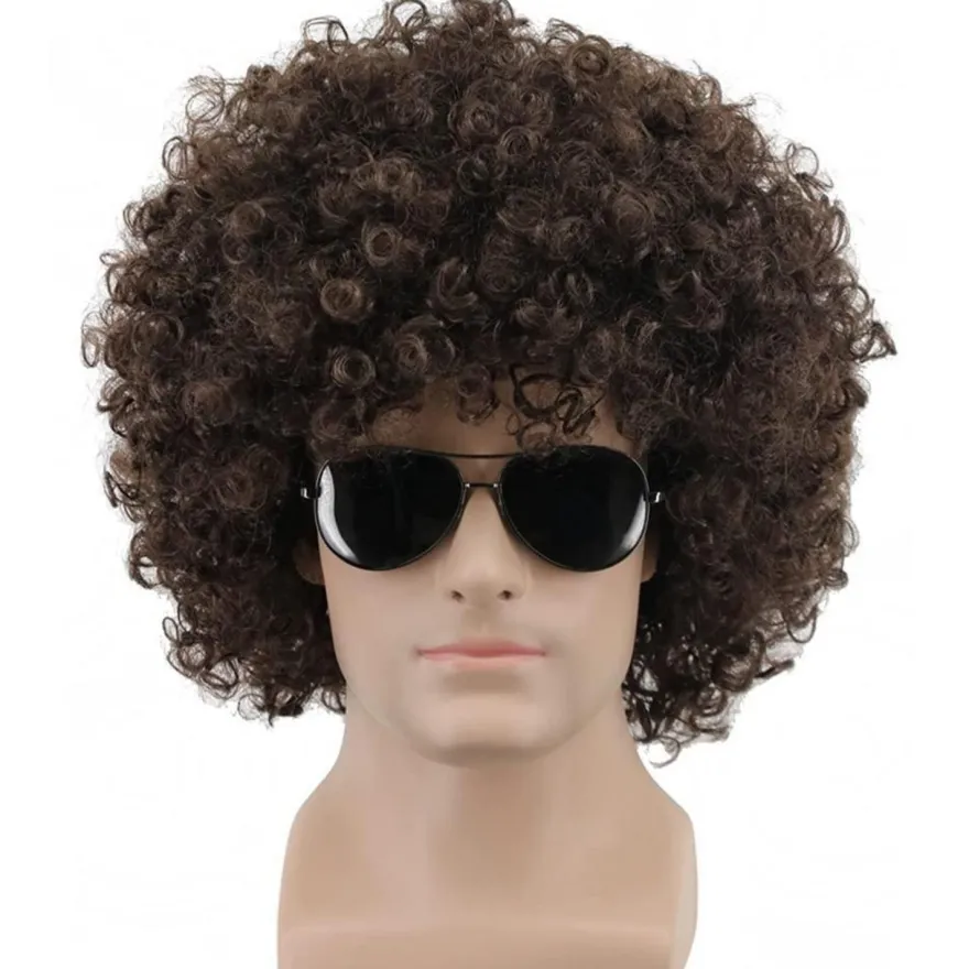 Yuehong Kurze Dunkelbraun Lockige Afro Perücke, 70er 80er Jahre Disco Cosplay