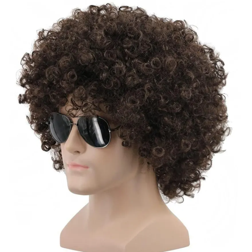 Yuehong Kurze Dunkelbraun Lockige Afro Perücke, 70er 80er Jahre Disco Cosplay