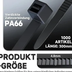 ZENIX Kabelbinder Schwarz 4.8mm x 300mm, 1000 Stück, UV Beständig, 28kg