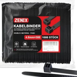 ZENIX Kabelbinder Schwarz 4.8mm x 300mm, 1000 Stück, UV Beständig, 28kg