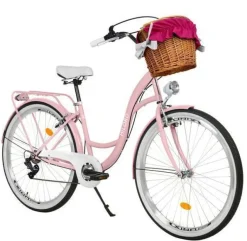 26 Zoll Damenfahrrad MILORD Citybike Mit Weidenkorb Vintage Rosa Fahrrad 7 Gänge