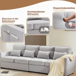 Zyloyal10 Modernes 4-Sitzer Leinensofa mit Armlehnentaschen und 4 Kissen