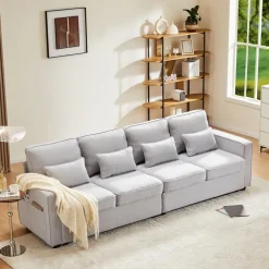 Zyloyal10 Modernes 4-Sitzer Leinensofa mit Armlehnentaschen und 4 Kissen