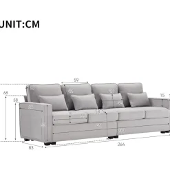 Zyloyal10 Modernes 4-Sitzer Leinensofa mit Armlehnentaschen und 4 Kissen